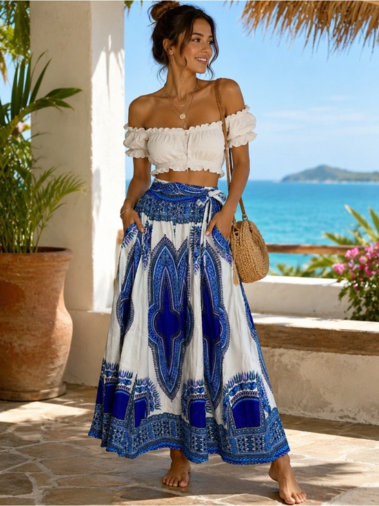 Advance Apparels Dresses & Skirts - Bohemian Blue & White Cotton tribal tie waist smocked pocket maxi skirt small